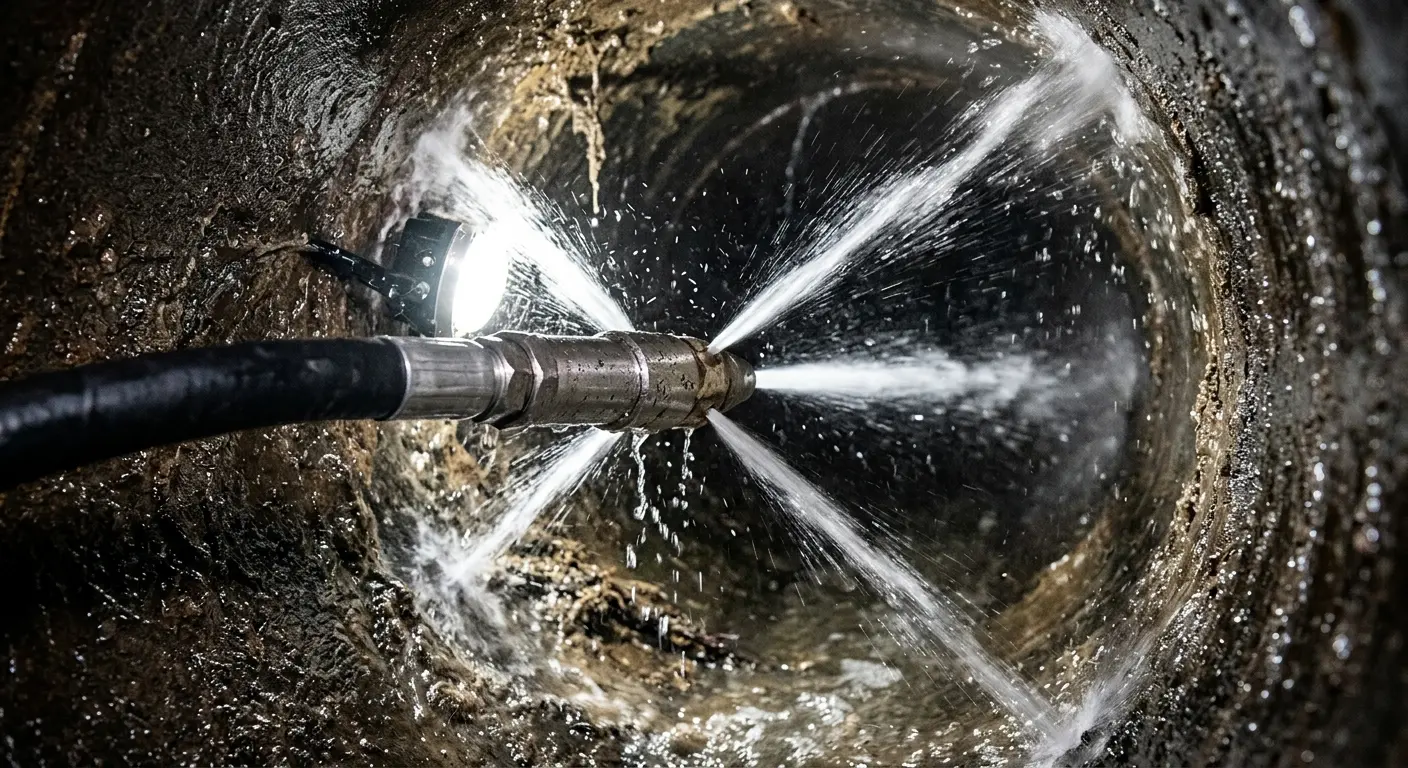 High-pressure hydro jetting nozzle cleaning sewer pipe for Trenchless Sewer Repair in Anderson